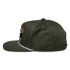 Alpinestars Promptus Snapback Hat, SKU 1235-81445-690-OS, in military green, shown from the left side. The structured crown, flat bill, and the unique logo patch are visible, perfect for any casual racing occasion.