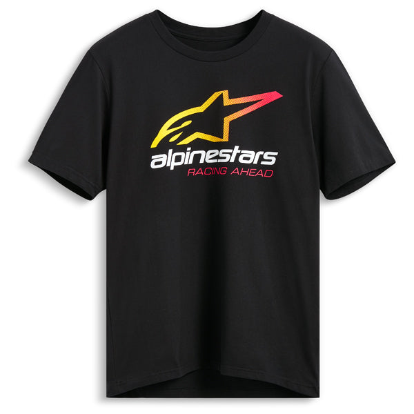 Professional studio photo of Alpinestars Aligned CSF Tee; showing tee fit, printed graphics, and crew neckline; SKU 482-76394S; Colors: Black, White