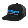 Alpinestars Notice Trucker Hat Black with Blue Logo SKU 48276399 – front view flat brim motocross snapback cap with embroidered Astars Racing Ahead text, breathable mesh back, and adjustable fit.