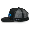 Alpinestars Notice Trucker Hat Black/Blue SKU 48276399 – side profile showing structured crown, flat visor, mesh trucker panels, and bold 3D embroidered Astars logo for motocross riders.