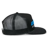 Alpinestars Notice Trucker Hat Black with Blue Astars Racing Ahead embroidery SKU 48276399 – angled view highlighting motocross flat bill style, breathable mesh back, and snapback fit.