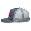 Alpinestars Notice Trucker Hat Charcoal/Red SKU 48276400 – side view showing structured front panels, flat bill visor, embroidered Astars branding, and motocross mesh trucker design.