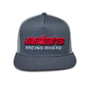 Alpinestars Notice Trucker Hat Charcoal with Red Logo SKU 48276400 – front view flat brim motocross snapback cap with bold 3D embroidered Astars Racing Ahead text and mesh back.