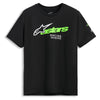 Alpinestars - Entitled CSF Tee Alpinestars Entitled CSF Tee in black with neon green logo, SKU 48276404. Short sleeve motocross casual shirt front view on white background with large Alpinestars chest graphic and “Racing Ahead” text. Colors: Nvy, Black Sizes: SM to 2X SKU:482-7640 | Available at BTO Sports.