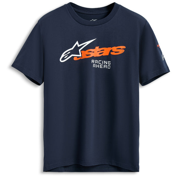 High-resolution studio image of Alpinestars Entitled CSF Tee; showing tee fit, printed graphics, and crew neckline; SKU 482-76404S; Colors: Navy, Black