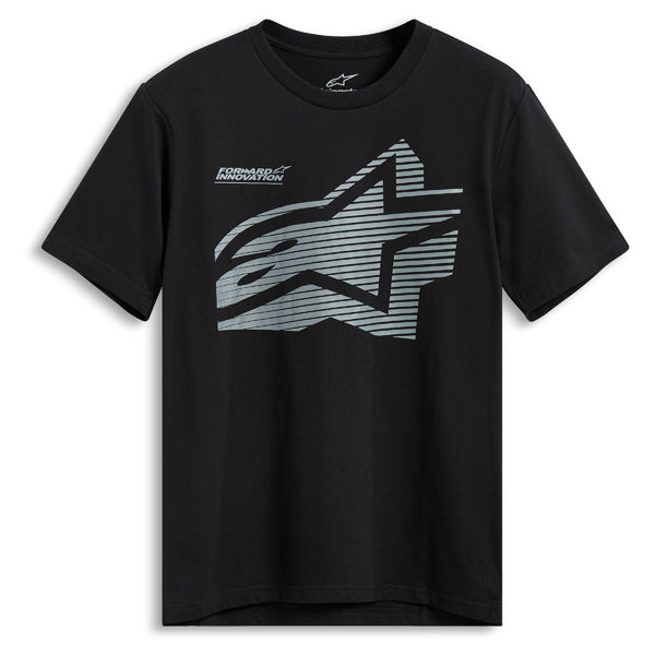 Professional studio photo of Alpinestars Fasting CSF Tee; showing tee fit, printed graphics, and crew neckline; SKU 482-76407S; Colors: Black, Navy