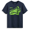 Alpinestars - Fasting CSF Tee Alpinestars Fasting CSF Tee, SKU 48276407, navy blue short sleeve motocross lifestyle t-shirt front view with oversized neon green Alpinestars star logo and “Forward Innovation” chest print. Colors: Black, Nvy Sizes: SM to 2X SKU:482-7640 | Available at BTO Sports.