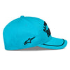 SKU 4827640 Alpinestars Luminary Hat in blue and black, right side profile showcasing detailed Alpinestars embroidered star logo and bold racing aesthetic.