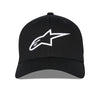 Front view of Alpinestars Ageless Multi Hat SKU 4827638 in black, bold oversized white Alpinestars star logo embroidered across the crown, motocross lifestyle headwear.