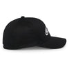 Side profile of Alpinestars Ageless Multi Hat SKU 4827638 in solid black style, featuring embroidered Alpinestars side logo, curved visor, motocross-inspired fitted hat.