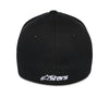 Rear view of Alpinestars Ageless Multi Hat SKU 4827638 in black, fitted closure with white embroidered “astars” text, sleek motocross lifestyle cap.