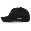 Left side view of Alpinestars Ageless Multi Hat SKU 4827638 in black colorway, subtle embroidery details, curved bill cap for motocross and streetwear.