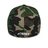 Back view of Alpinestars Ageless Multi Hat SKU 4827638 in camo colorway, embroidered white “astars” logo above the fitted closure, durable cap built for motocross and outdoor riding lifestyle.