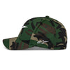 Side profile of Alpinestars Ageless Multi Hat SKU 4827638 in camo style, featuring embroidered Alpinestars script logo on the panel and curved brim for motocross riders and action sports fans.