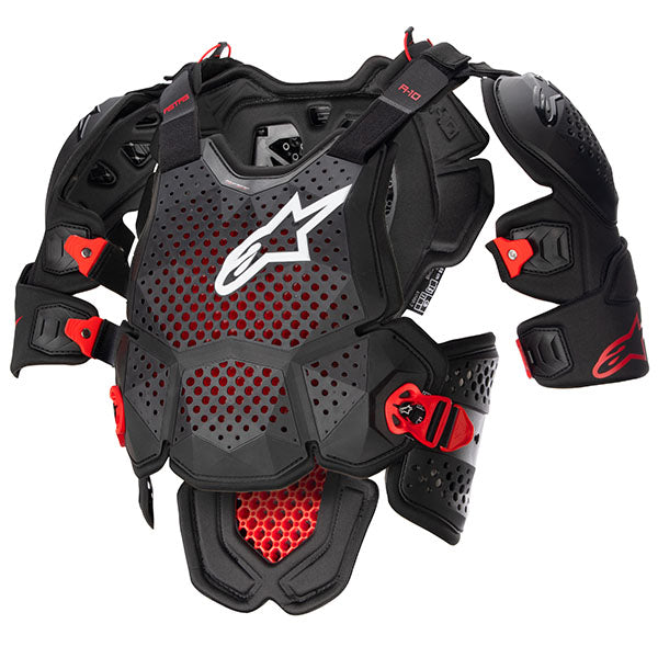 The Alpinestars A-10 V2 Full Chest Protector SKU 2701114 with straps hooked from the front on a white background