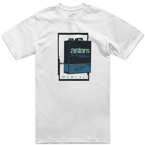 High-resolution studio image of Alpinestars Galun CSF T-Shirt; showing tee fit, printed graphics, and crew neckline; SKU 3030239; Colors: White, Charcoal