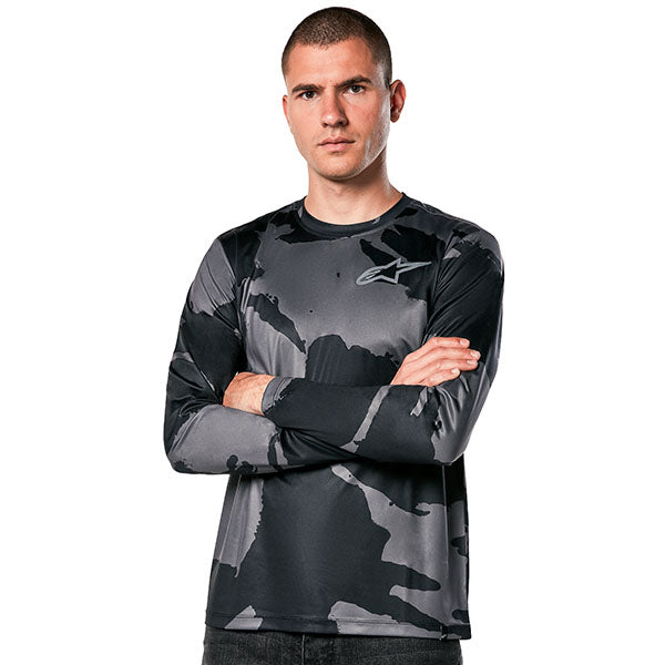 High-resolution studio image of Alpinestars Camo Performance Long Sleeve T-Shirt; showing long-sleeve cut, printed graphics, and crew neckline