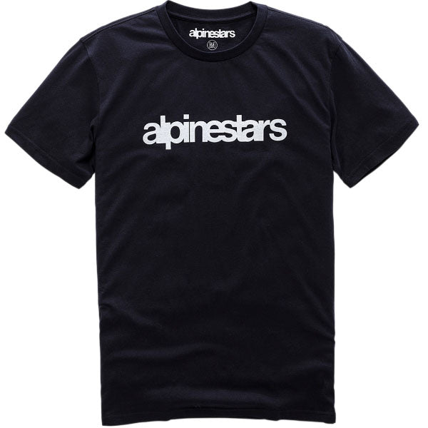 Clean studio shot of Alpinestars Heritage Word T-Shirt; showing tee fit, printed graphics, and crew neckline; SKU 303018941; Sizes: M-2XL