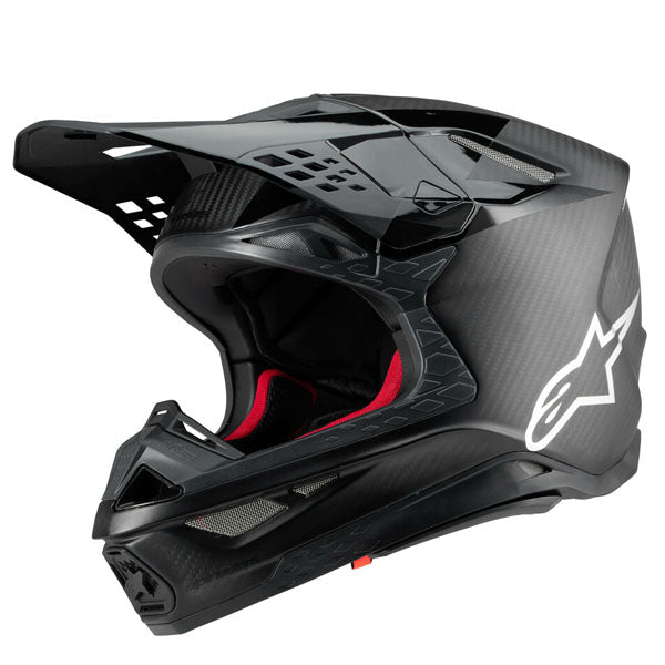 Alpinestars - Supertech M10 Fame HelmetBlack Carbon Matte & Glossy product view, lightweight off‑road motorcycle helmet with ventilation and impact protectio