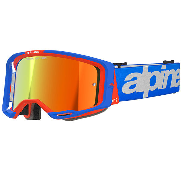 Product image of Alpinestars BTO Sports 5101325 7303 f Vision 8 Wordmark Goggle Blue Orange Mirror Red motocross goggles showing frame design, lens style, and colorway