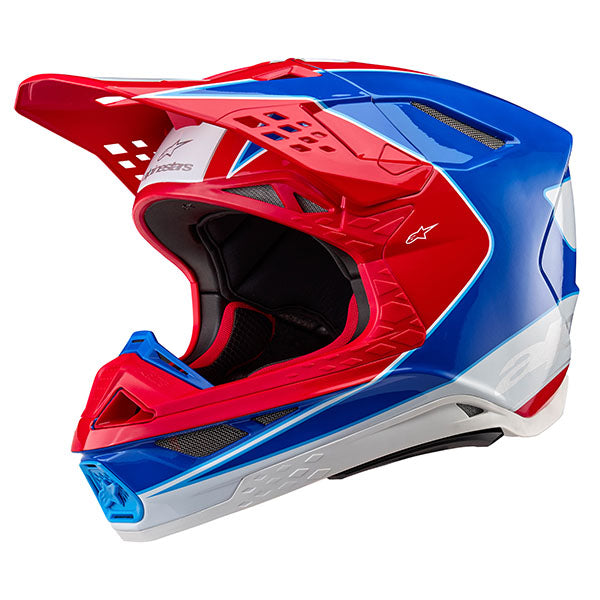 Alpinestars - Supertech M10 Aeon HelmetBright Red/Blue Glossy product view, lightweight off‑road motorcycle helmet with ventilation and impact protection
