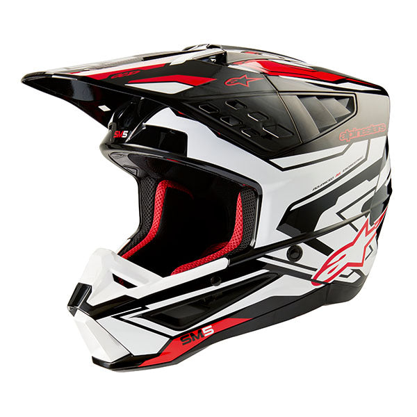 Alpinestars - SM5 Action 2 HelmetBlack/White/Bright Red Glossy product view, lightweight off‑road motorcycle helmet with ventilation and impact protection