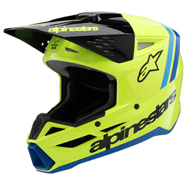 Alpinestars - S-M3 Radium Helmet (Youth)Yellow/Black/Blue product view, lightweight off‑road motorcycle helmet with ventilation and impact protection