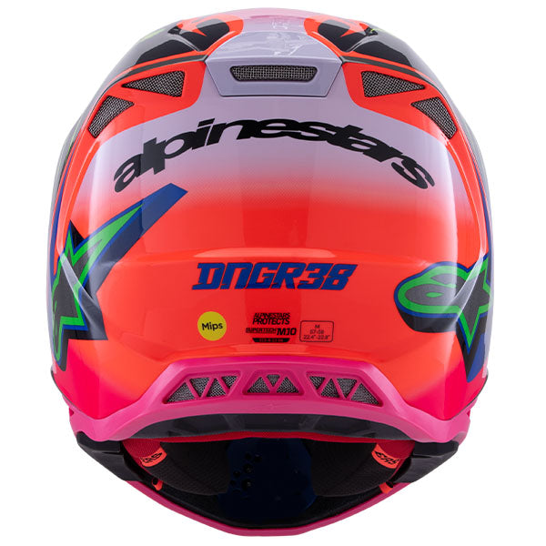 Orange/Flo Purple/Pink product view, lightweight off‑road motorcycle helmet with ventilation and impact protection