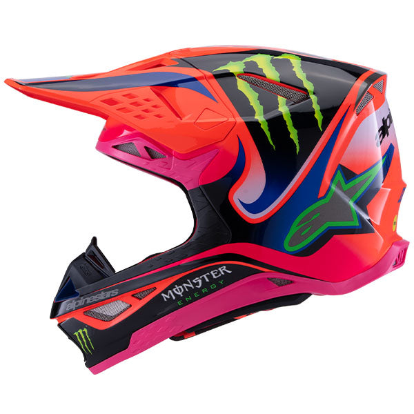Orange/Flo Purple/Pink product view, lightweight off‑road motorcycle helmet with ventilation and impact protection