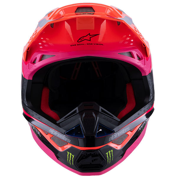 Orange/Flo Purple/Pink product view, lightweight off‑road motorcycle helmet with ventilation and impact protection