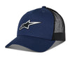 Alternate side view of Alpinestars Reflect Ageless Trucker Hat, SKU 48276376, navy blue with curved brim, black mesh back panels, and reflective Alpinestars logo for motocross enthusiasts.
