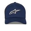 Front view of Alpinestars Reflect Ageless Trucker Hat, SKU 48276376, navy blue with black mesh back, curved bill, and reflective Alpinestars star logo, designed for motocross and powersports lifestyle.
