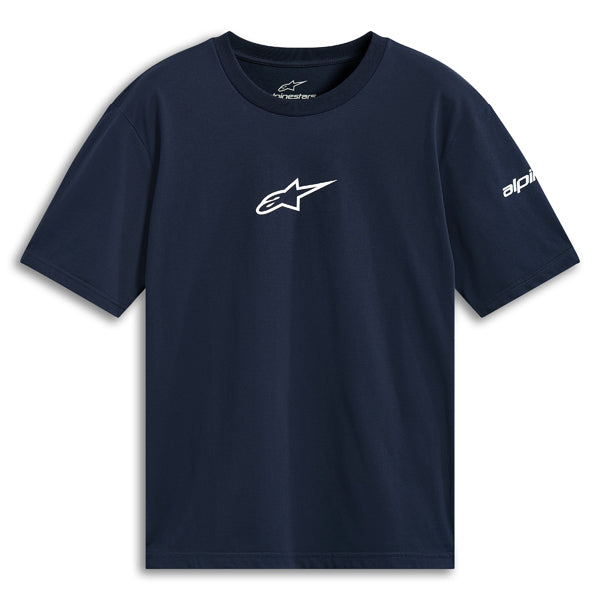 Clean studio shot of Alpinestars Frontal CSF Tee; showing tee fit, printed graphics, and crew neckline; SKU 482-76405S; Colors: Navy, Black, Red