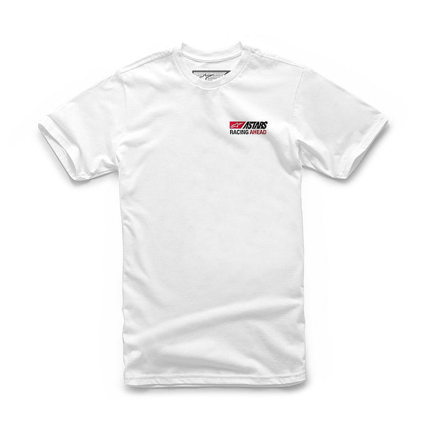 High-resolution studio image of Alpinestars Placard T-Shirt; showing tee fit, printed graphics, and crew neckline; SKU 3030208; Colors: White, Black