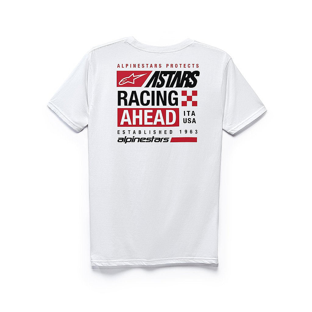 Studio photo on a white background of Alpinestars Placard T-Shirt; showing tee fit, printed graphics, and crew neckline; SKU 3030208; Sizes: M-2XL