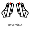 A simple line drawing showing two identical, minimalist outlines of an ankle brace. Each brace has a small red vertical line at the top. Below the braces, the word 
