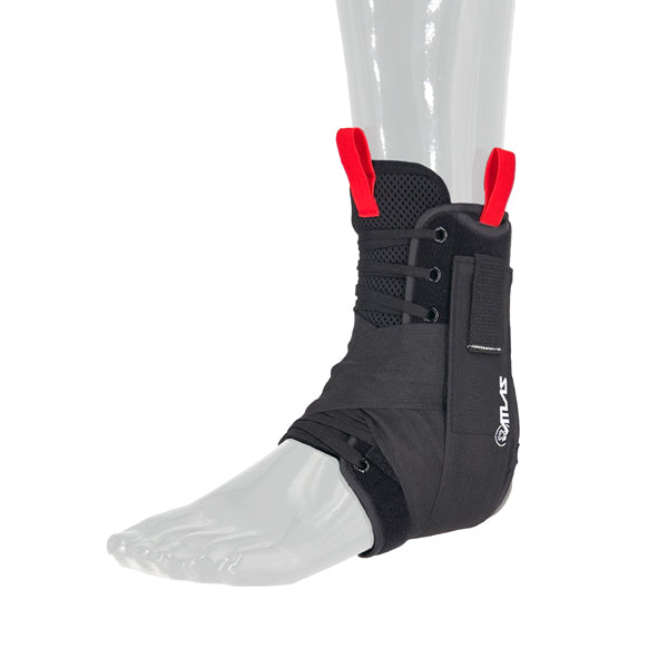 A close-up, three-quarter view of the black Atlas Ankle Brace (SKU: A206001010) on a mannequin foot. The brace has a multi-sport design with adjustable straps and a Quick-Lace system. The image shows the brace from the side, highlighting its stabilizing structure and red pull tabs.