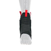 A direct front view of the black Atlas Ankle Brace (SKU: A206001010) on a mannequin foot. The image focuses on the central lacing system and the front panel of the brace, providing a clear view of its overall shape and design.