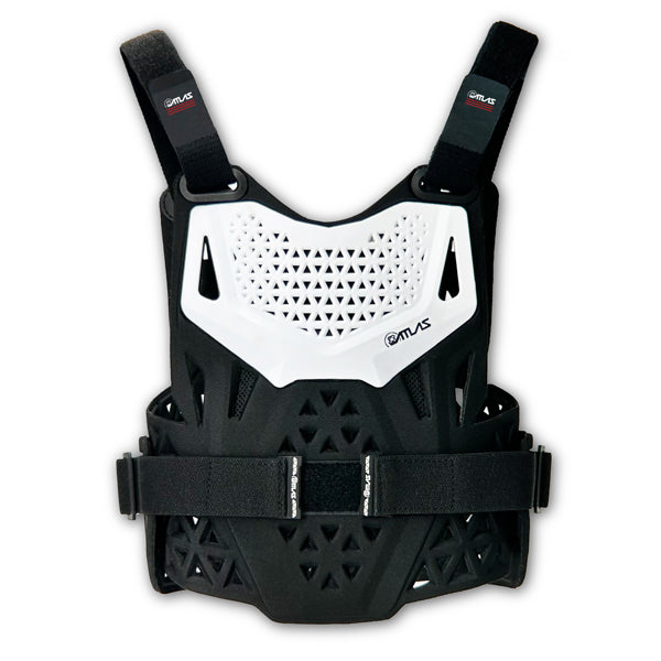 A front view of the white Atlas Charger Pee Wee Chest Protector (SKU: A101000000). The image highlights the protective front panel and lightweight design for young riders.