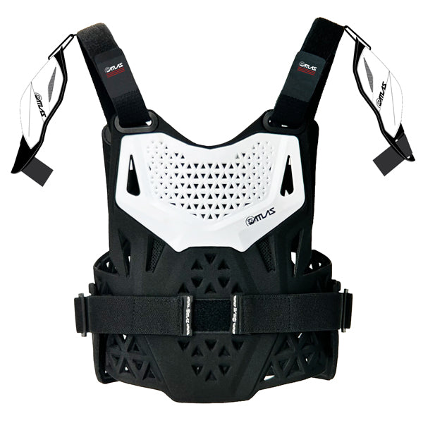 A front view of the white Atlas Charger Pee Wee Chest Protector (SKU: A102100000) with CE L1 certified pads and shoulder pads. This protective gear is designed for young motocross riders.