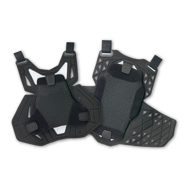 A close-up view of the CE certified pads on the black Atlas Charger Youth Chest Protector (SKU: A103101000), highlighting the protective, shock-absorbing material.