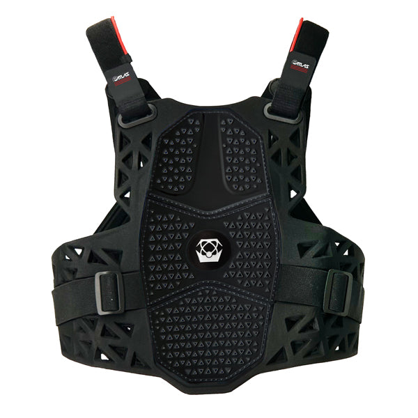 A back view of the black Atlas Charger Youth Chest Protector (SKU: A103101000). The image shows the CE Level 1 certified back protection.