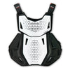 A front view of the white Atlas Charger Youth Chest Protector (SKU: A103100000) with CE L1 certified pads. The image highlights the protective front panels and adjustable straps.