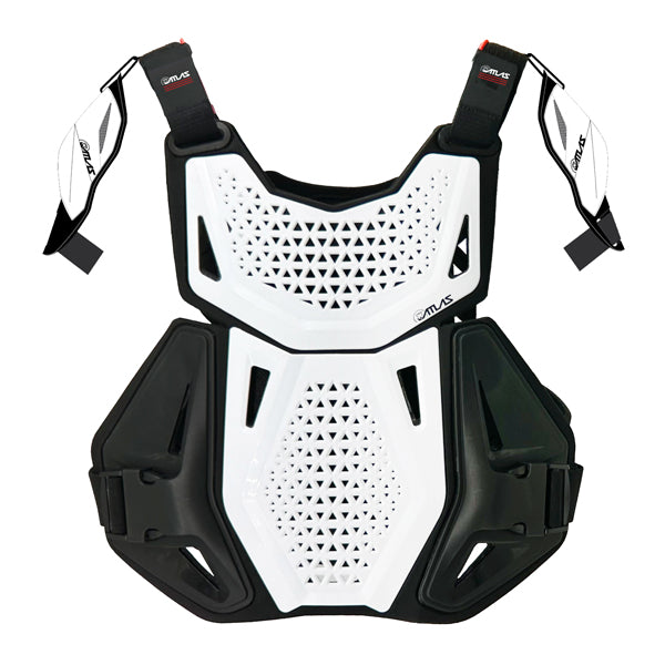 A front view of the white Atlas Charger Youth Chest Protector (SKU: A104100000) with CE L1 certified pads. The image highlights the protective front panels and adjustable straps.
