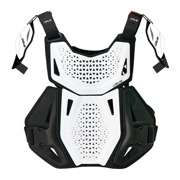 A front view of the white Atlas Charger Youth Chest Protector (SKU: A104000000). The image highlights the protective front panels and adjustable straps.