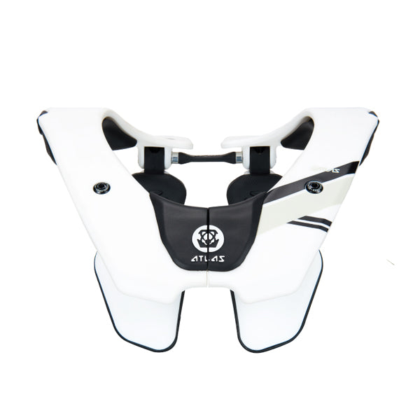 A front view of the Atlas Prodigy Neck Brace (SKU: AY400000) in white. The image highlights the neck brace's lightweight, minimalist design and the hinged chest supports.