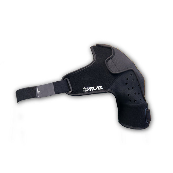 A three-quarter view of the black Atlas Shoulder Brace (SKU: A205001010). This multi-sport brace is designed to provide support and stability for a wide range of activities.