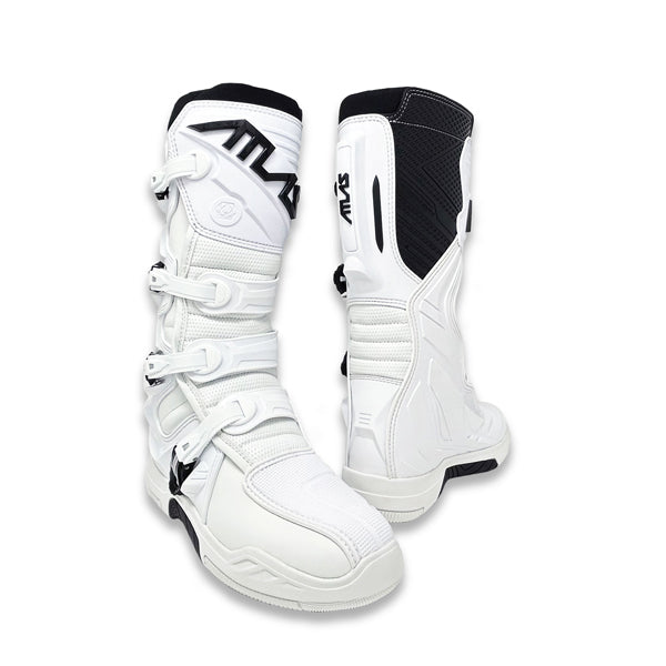A three-quarter view of a pair of white Atlas Traction Boots (SKU: A50000007) standing on a white background, displaying their tough microfiber leather construction and four-buckle closure system.