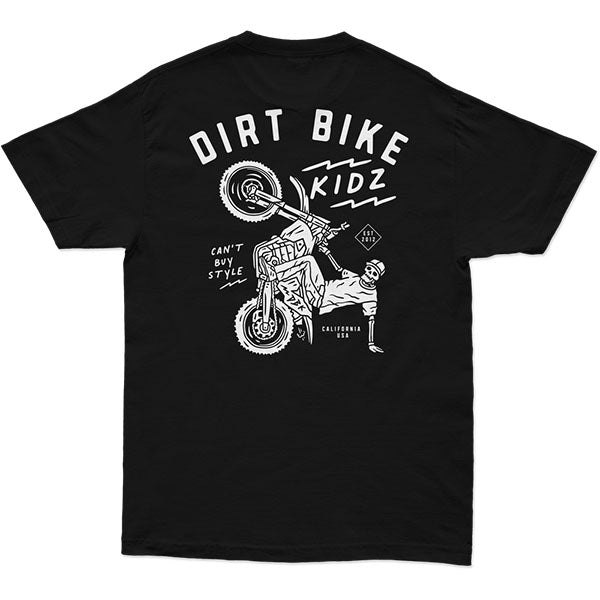 Clean studio shot of Dirt Bike Kidz 12 O'clock Tee; showing tee fit, printed graphics, and crew neckline; SKU 325-00000S; Colors: Black; Sizes: S-2XL