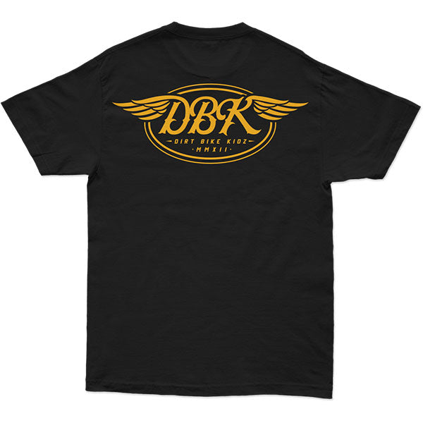 Clean studio shot of Dirt Bike Kidz Goldwings Tee; showing tee fit, printed graphics, and crew neckline; SKU 325-00006S; Colors: Black; Sizes: S-2XL